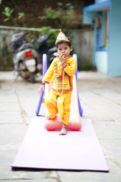 Happy Janmashtami, Little Indian boy posing as Shri krishna or kanha/kanhaiya, Little Krishna-kanhaiya-Portrait, Radha and krishna Dress for Kids with Jewellery for baby Boy stock images