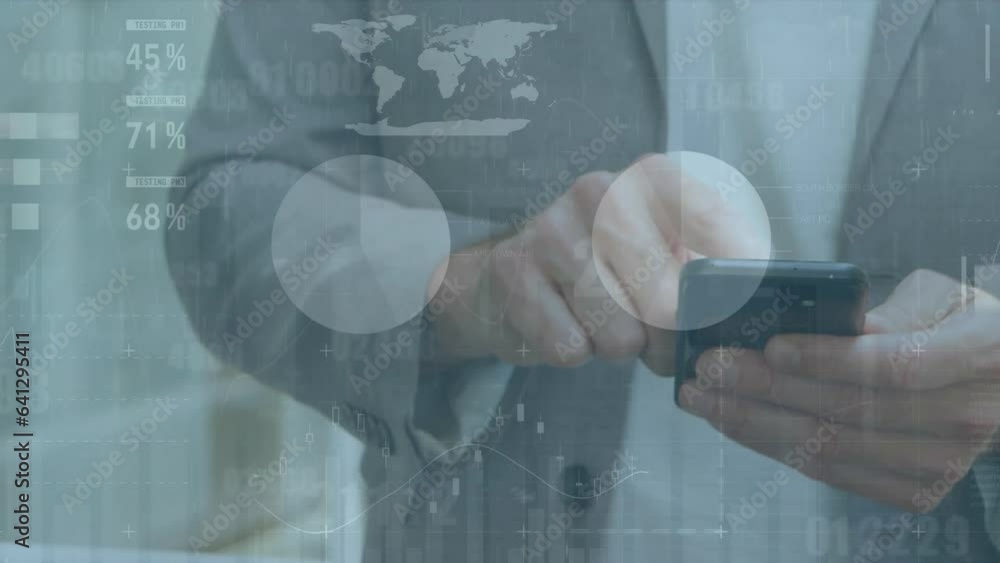 Poster animation of statistical data processing against mid section of a man using smartphone at office