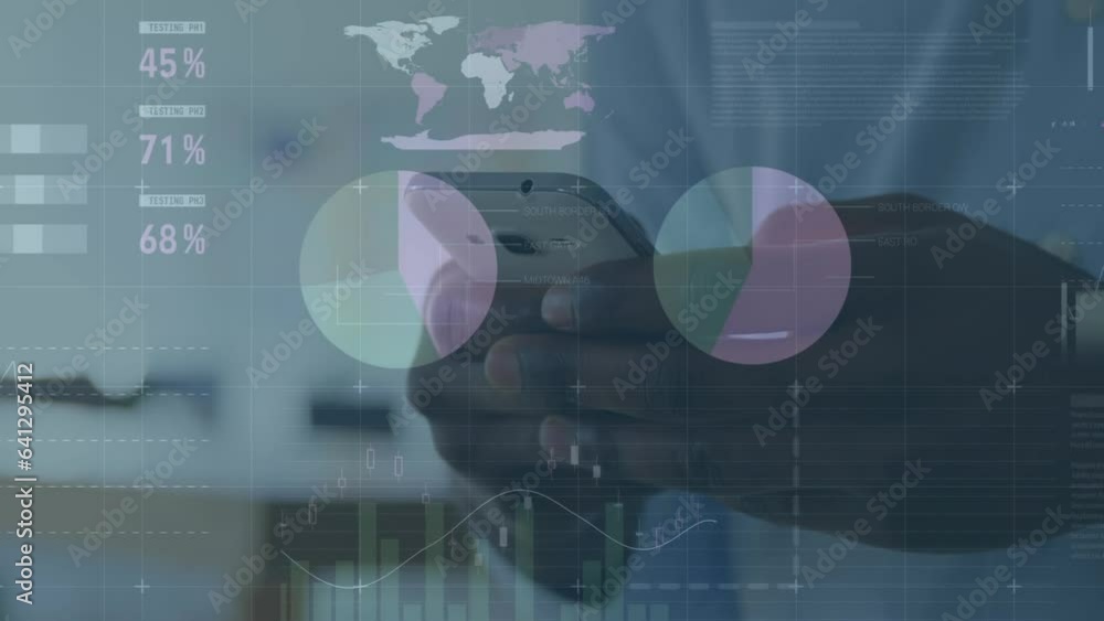 Poster animation of statistical data processing against mid section of a man using smartphone at office