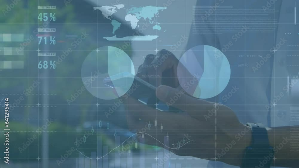 Poster animation of statistical data processing against mid section of a man using smartphone at office