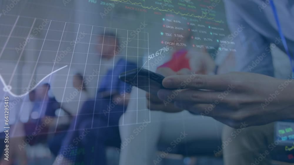 Poster animation of stock market data processing against mid section of a man using smartphone at office
