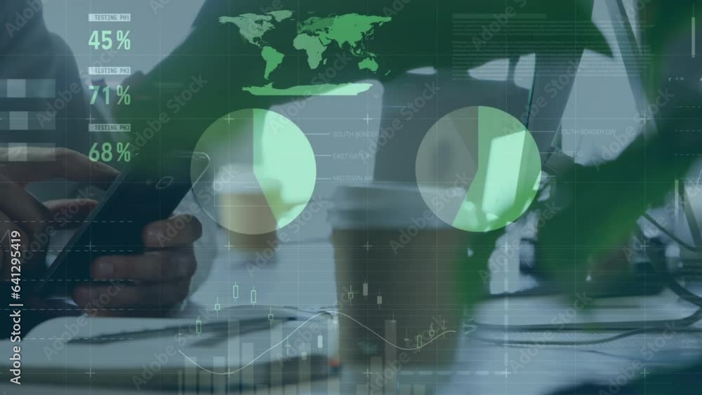 Poster animation of statistical data processing against mid section of a man using smartphone at office