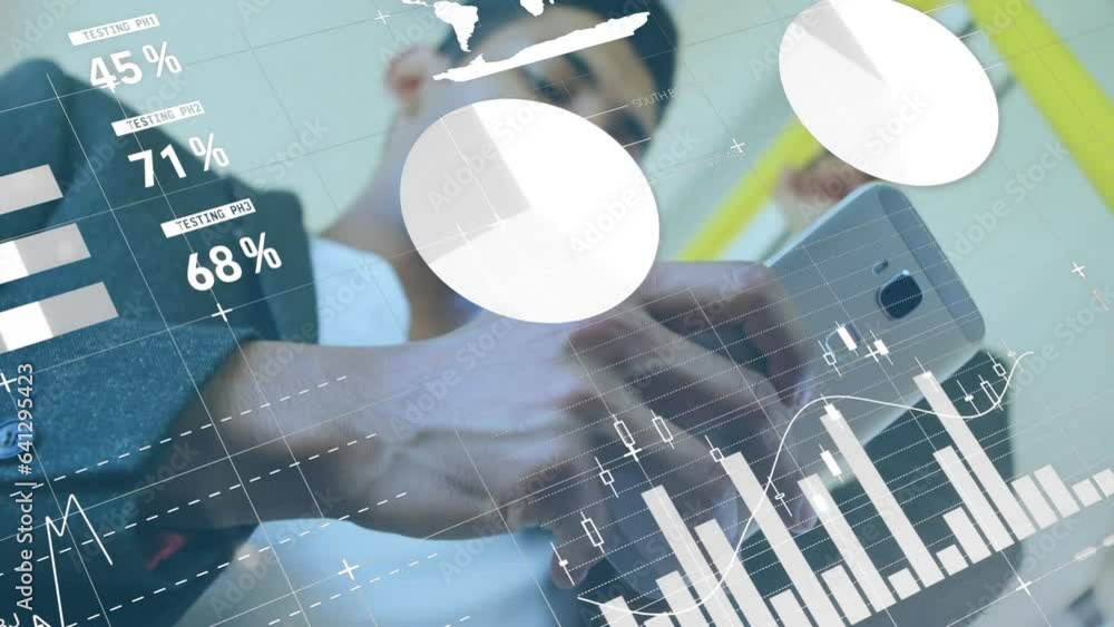 Poster Animation of statistical data processing over low angle view of biracial man using smartphone in bus