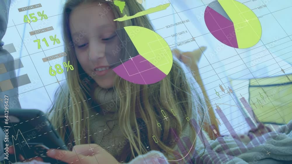Poster animation of statistical data processing over caucasian girl using smartphone lying on bed at home