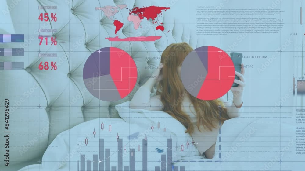Poster animation of statistical data processing over caucasian woman using smartphone lying on bed at home