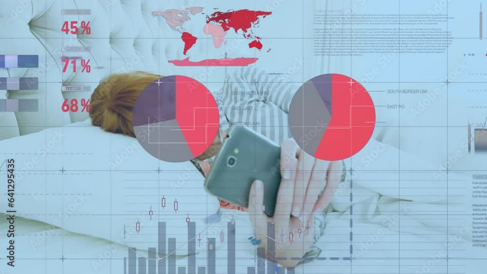 Poster animation of statistical data processing over caucasian woman using smartphone lying on bed at home