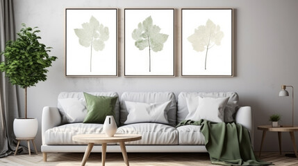 Stylish modern living room in light gray tones, vases of flowers