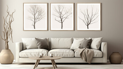 Stylish modern living room in light gray tones, vases of flowers