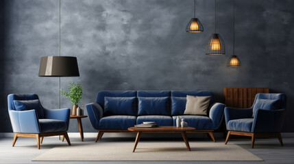 Modern living room with dark blue sofa, armchairs near the coffe