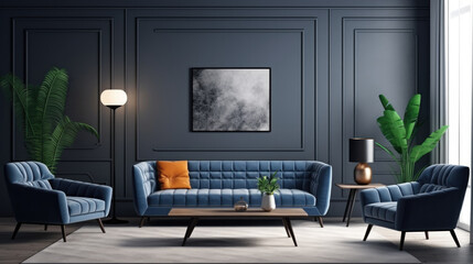 Modern living room with dark blue sofa, armchairs near the coffe