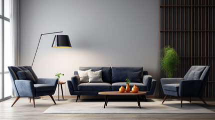 Modern living room with dark blue sofa, armchairs near the coffe