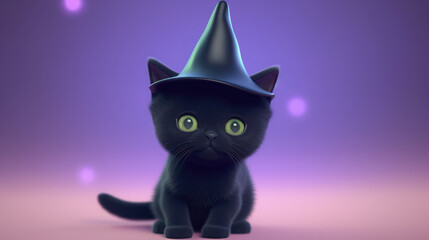 3D cute black cat wearing witch hat with orange pumpkins in halloween time, isolated on blurred pastel background