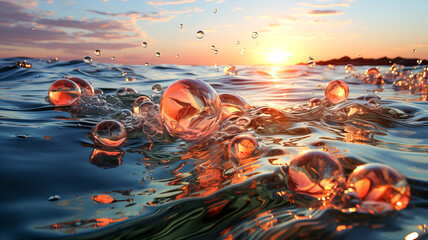 Transparent soap bubbles on the clear blue water of the sea or other body of water, illuminated by the rays of the evening sun. Generative AI technology.