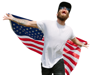 USA flag in the arms of a happy hipster man. USA Flag Day celebration