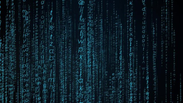 Aqua futuristic programming code rain falling on computer screen, seamless loop of abstract animation
