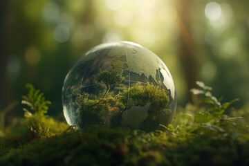 Obraz na płótnie Canvas A crystal globe with a tree. Natural background. Sunny bright lighting. Photorealistic illustration. Ecological concept. Earth Day. 
