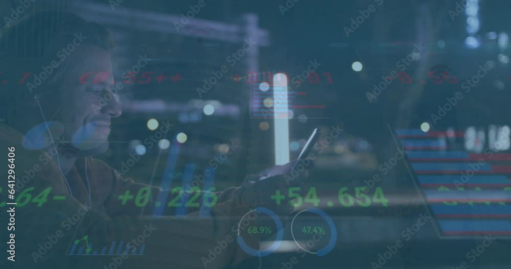Poster animation of stock market data processing over happy caucasian man using smartphone on the street