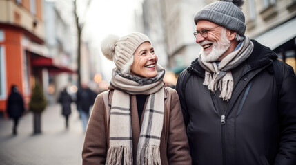 Happy retired man and woman in warm clothing walking outdoors on