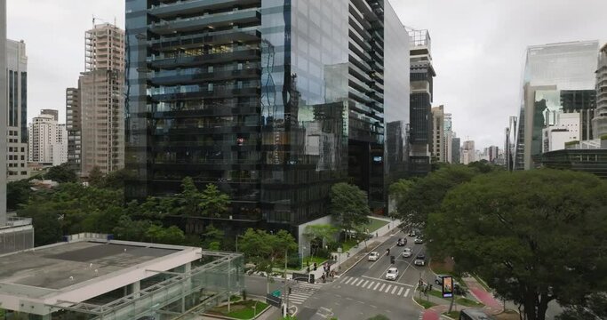 Facade of Google Building on Faria Lima Avenue, Sao Paulo, Brazil. Aerial rising