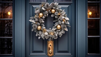Adorning the front door is a festive Christmas wreath