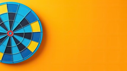 Blue and yellow dartboard with dart in the center, abstract simple background