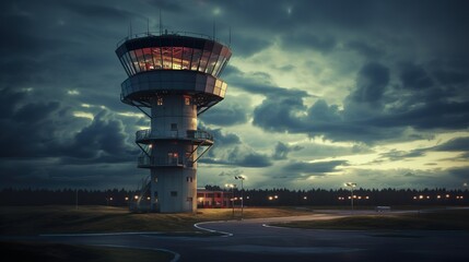 Air traffic control tower made with Ai generative technology, Property is fictional - obrazy, fototapety, plakaty