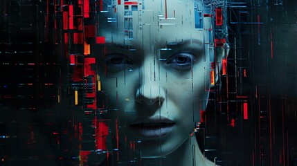 Portrait of a woman in glitch art made with Ai generative technology, Property is fictional