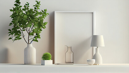  Interior wall with green tree branch in vase, ceramic decor and desk lamp standing on the shelf on empty white background, illustration, Ai generated image 
