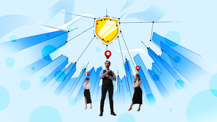 Business people standing under security symbol. Working on cyber data security system. Contemporary art collage. Concept of business, office, IT, modern technology, innovation, cyberspace, ad