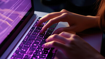 Close-up of female hands typing on a laptop keyboard at night wi