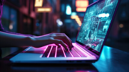 Close-up of female hands typing on a laptop keyboard at night wi - obrazy, fototapety, plakaty