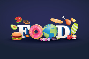 World Food Day. 3d vector illustration of text and food elements suitable for social media, banners, posters, flyers and food related
