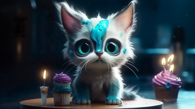 Birthday kitten with birthday candle and birthday cupcake cake graphic illustration artwork in high resolution