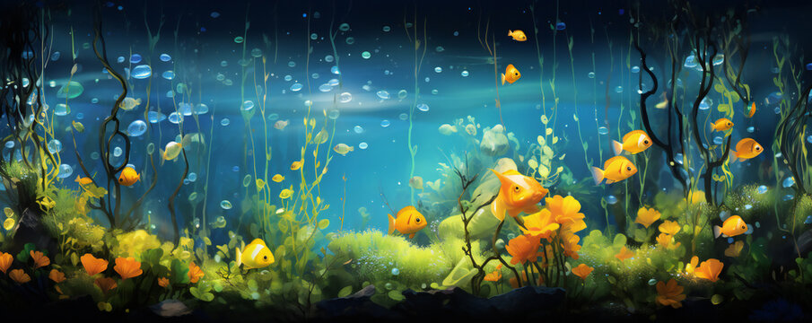 Underwater World of Goldfish and Yellow Flowers: Aquatic Harmony Concept. abstract background 