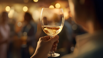 Hand holding glass of white  wine , people cheering, cheers, spending a moment together with friends, party, happy moment, wine tasting, cheering, family
