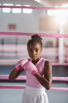Serious teen in pink boxing gloves at face level looking at camera on blurred background at boxing ring.
