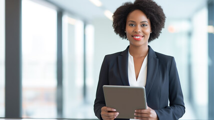 Photo of gorgeous african american secretary woman writing down notes in digital tablet while working in office.
