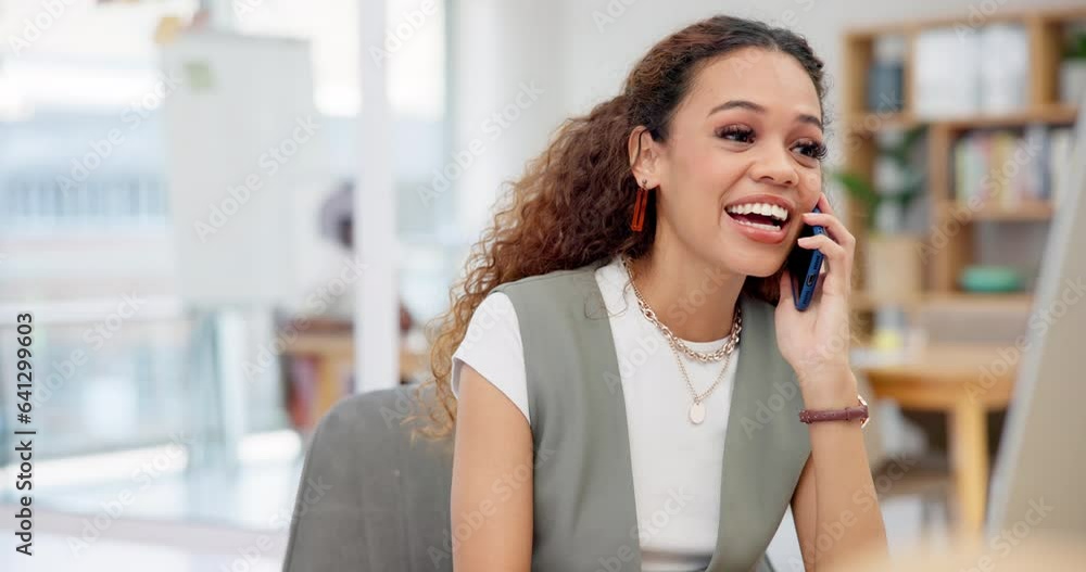 Poster Business woman, phone call and happy communication for marketing, networking and funny chat on computer. Professional employee or worker talking on mobile for project information on desktop in office