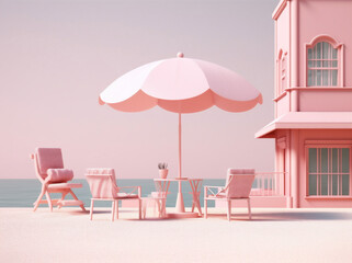 chair pink retro sun vacation sand holiday summer umbrella parasol. Generative AI.