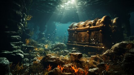 A treasure chest under water. Generative AI. - obrazy, fototapety, plakaty