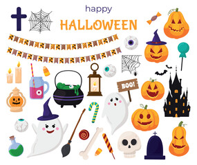 Vector Halloween set of cute icons isolated on white. Ghosts, bats, pumpkins, candies, garland, scary castle, cobweb, witch cauldron, hat, skull. Collection of traditional halloween element