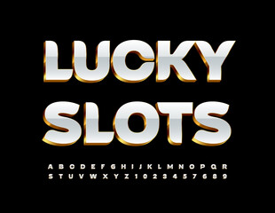 Vector premium logotype Lucky Slots. White and golden chic Font. Luxury Alphabet Letters, Numbers and Symbols.