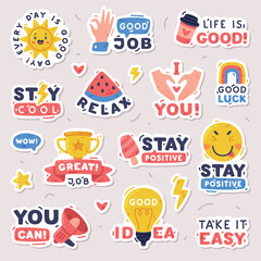 Bright Stickers Design with Positive Saying Vector Set