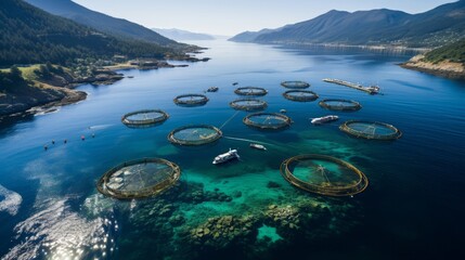 Aerial view of a large-scale fish farm in the ocean. Generative AI. - obrazy, fototapety, plakaty