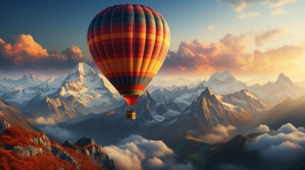 Air balloon flying over a mountain peak. Generative AI.