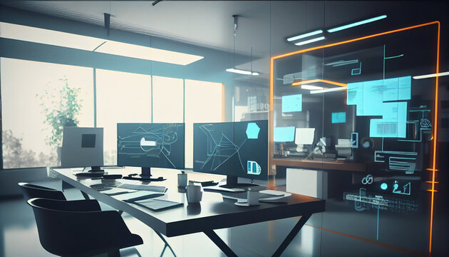 Modern furnished blurred office interior background with digital hologram, technological schemes. Science and technology concept, Ai generated image