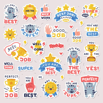 Bright Stickers Design with Positive Saying Vector Set