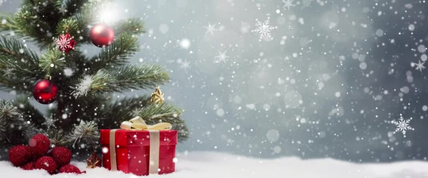 Christmas tree and gifts. Snow covered seasonal winter. Seamless looping video background animation. Anamorphic video