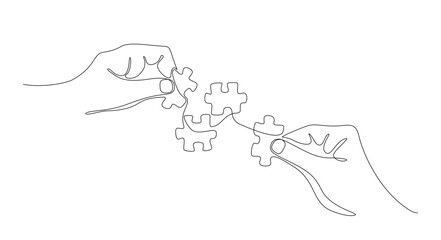 Continuous line drawing of hands solving puzzle pieces, jigsaw. Hands connecting puzzle pieces. One line drawing for Business matching, teamwork concept, business metaphor of solving problem, strategy © Volha