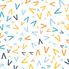 Seamless abstract V letter vector geometric pattern. Colorful letters on white background. Random order. Gift wrapping paper, fabric, poster. Bed linen and interior. School and learning theme.